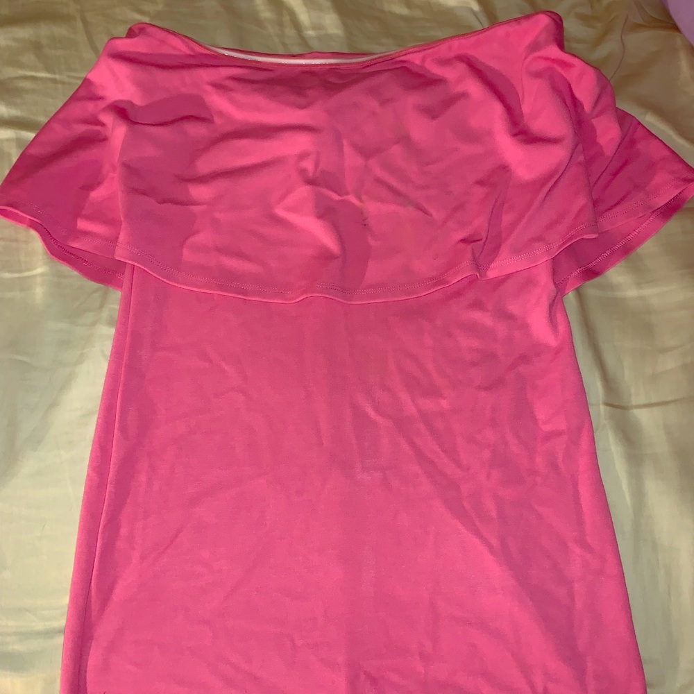 Strapless ruffled hot pink mini dress